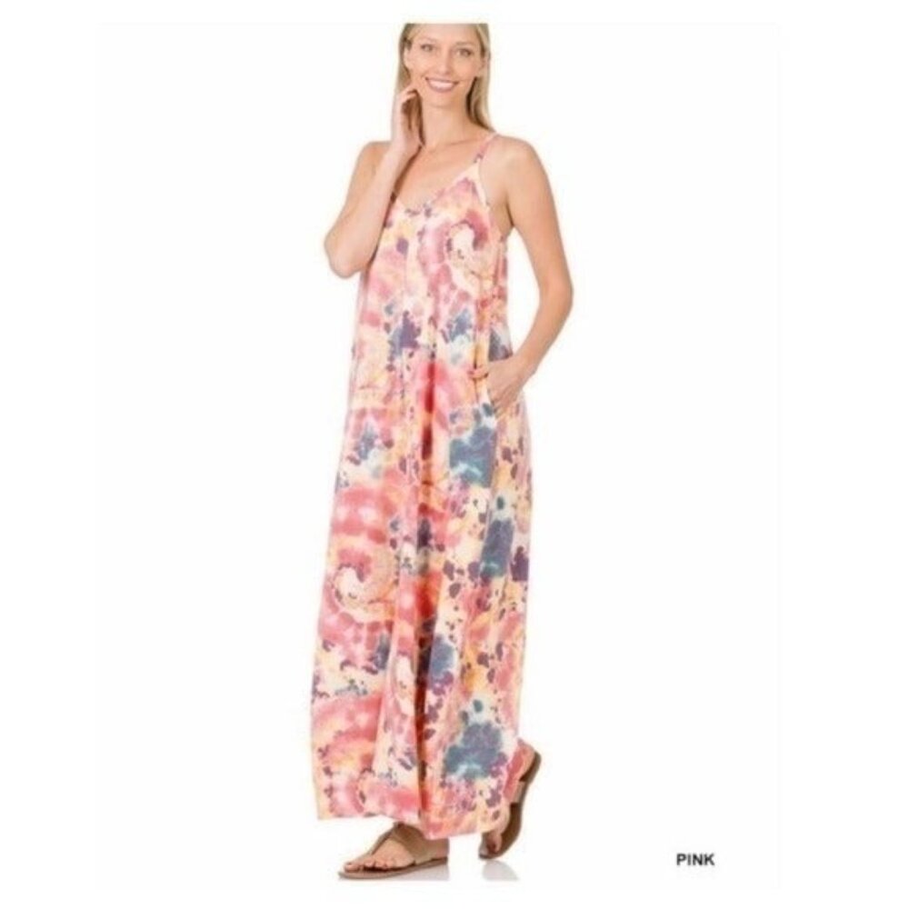 FRENCH TERRY TIE DYE MAXI DRESS W/POCKETS-NEW